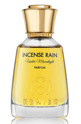 Parfum bottle labeled 'Incense Rain Under Moonlight' by Renier on a white background