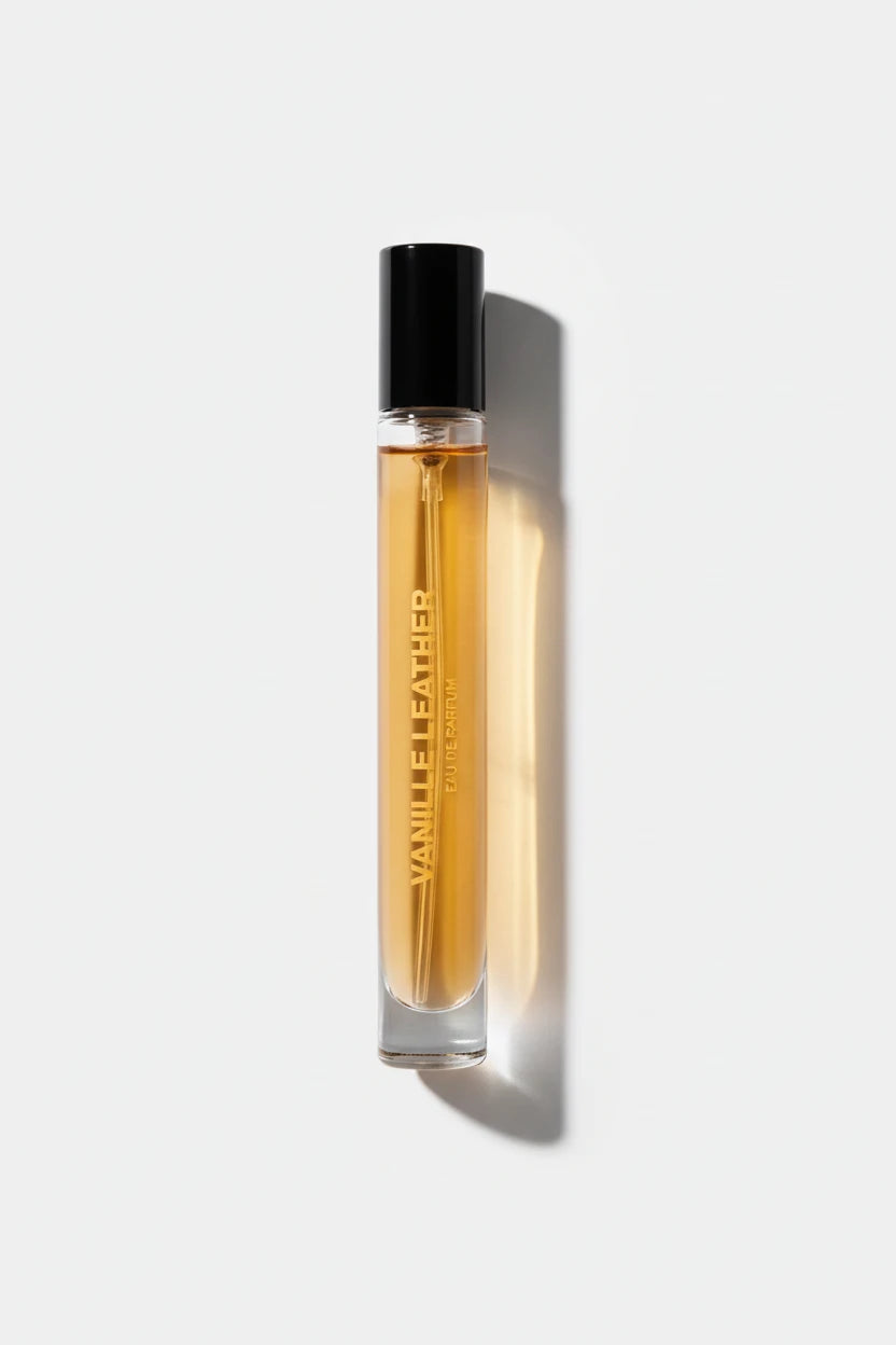 Perfume bottle with a black cap on a light gray background