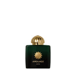 Amouage Epic Woman Eau de Parfum bottle in a deep emerald-green glass bottle with a polished gold domed cap and gold emblem