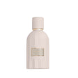 White perfume bottle with gold cap on a white background