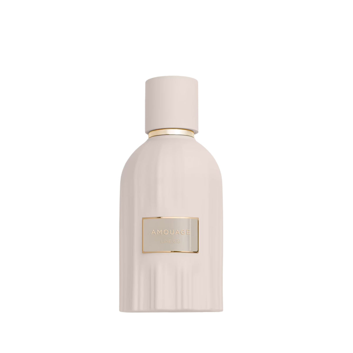 White perfume bottle with gold cap on a white background