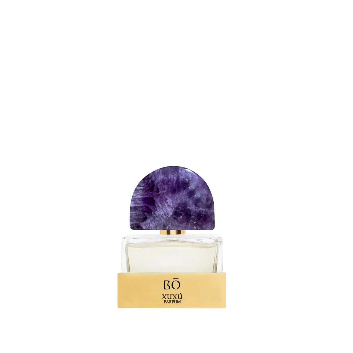Perfume bottle with purple cap and gold base on a white background